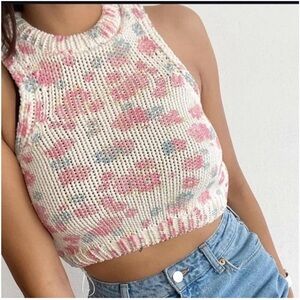Zara Floral Jacquard Knit Sleeveless Crop Top Sweater Medium